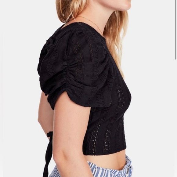 Free People “Star Struck” Eyelet Puff Sleeve Crop Top Black Open Back XS Cotton - Picture 3 of 11